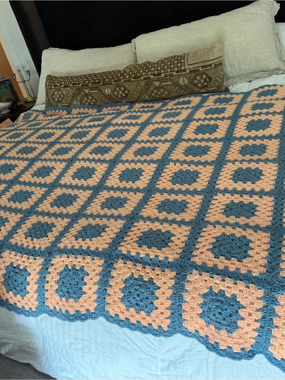 Handmade Peach and Teal Crochet Granny Square Bedspread